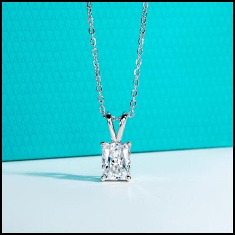 14K White Gold 2 CT Moissanite Pendant Necklace 925 Sterling Silver Radiant Cut